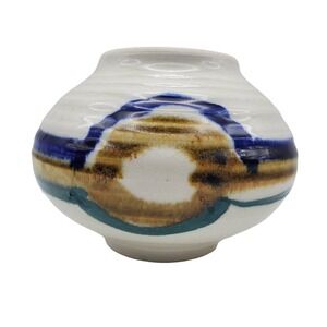 Art Pottery Squat Vase Round Signed Hand Painted Arts & Craft Striped Pot Vtg